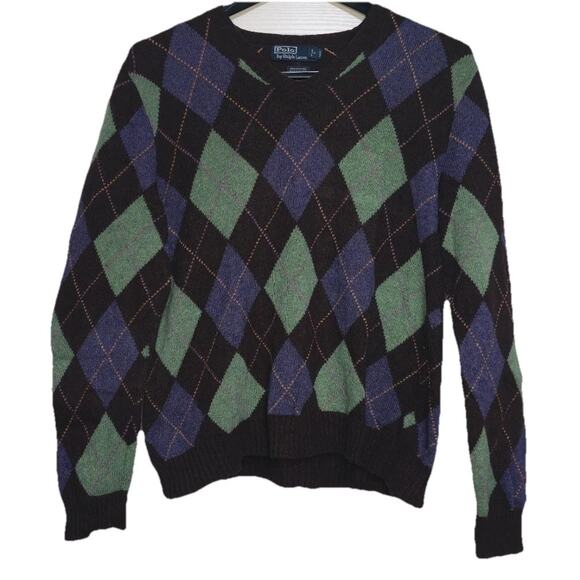 Polo Ralph Lauren Sweater Adult Extra Large V Neck Argyle Cotton Cashmere VTG - Picture 1 of 3